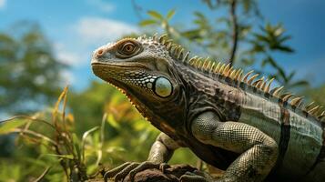 foto di iguana nel là foresta con blu cielo. generativo ai