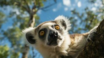 foto di lemure nel là foresta con blu cielo. generativo ai