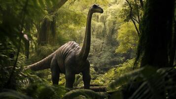 foto di brachiosauro rex nel il giungla. generativo ai