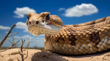 foto di un' sidewinder serpente a sonagli nel un' deserto con blu cielo. generativo ai
