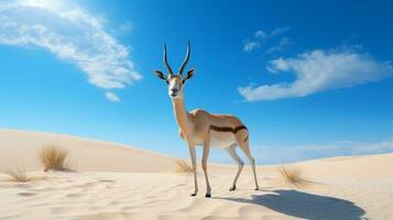 foto di un' sabbia gazzella nel un' deserto con blu cielo. generativo ai