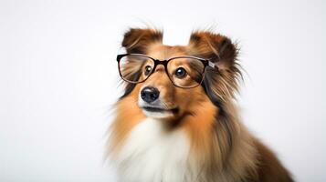 foto di un' Shetland cane da pastore cane utilizzando occhiali isolato su bianca sfondo. generativo ai