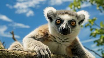 foto di un' lemure sotto blu cielo. generativo ai
