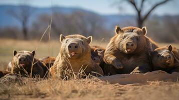 foto di un' mandria di wombat riposo nel un Aperto la zona su il savana. generativo ai