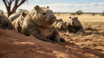 foto di un' mandria di wombat riposo nel un Aperto la zona su il savana. generativo ai