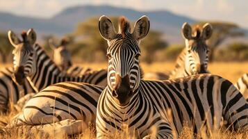 foto di un' mandria di zebra riposo nel un Aperto la zona su il savana. generativo ai