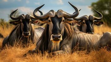 foto di un' mandria di gnu riposo nel un Aperto la zona su il savana. generativo ai