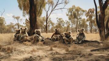 foto di un' mandria di koala riposo nel un Aperto la zona su il savana. generativo ai