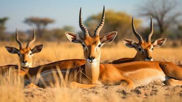 foto di un' mandria di impala riposo nel un Aperto la zona su il savana. generativo ai