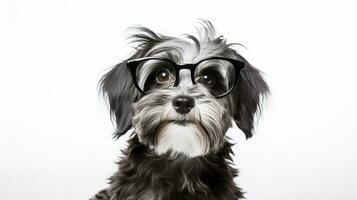 foto di un' havanese cane utilizzando occhiali isolato su bianca sfondo. generativo ai