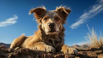 foto di un' cane sotto blu cielo. generativo ai