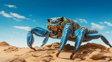 foto di un' deserto scorpione nel un' deserto con blu cielo. generativo ai