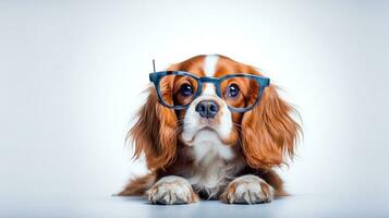 foto di un' cavaliere re charles spaniel cane utilizzando occhiali isolato su bianca sfondo. generativo ai