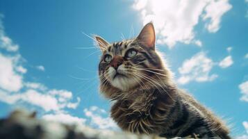 foto di un' gatto sotto blu cielo. generativo ai