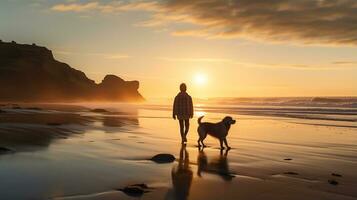 foto di un' ragazzo a piedi con il suo animale domestico cane su il spiaggia nel il mattina. generativo ai