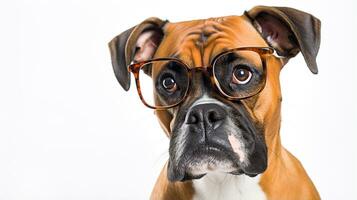 foto di un' bullmastiff cane utilizzando occhiali isolato su bianca sfondo. generativo ai