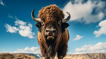 foto di un' bisonte sotto blu cielo. generativo ai