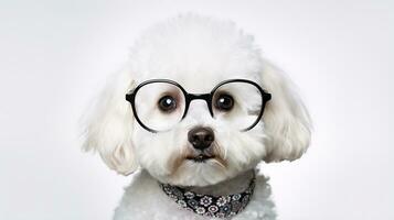 foto di un' bichon frise cane utilizzando occhiali isolato su bianca sfondo. generativo ai