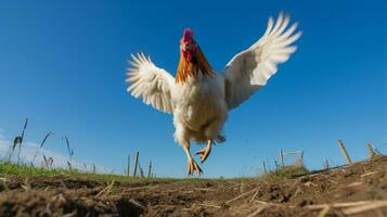 foto di un' gallo pollo nel il terreno agricolo. generativo ai