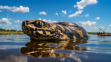 foto di un' anaconda sotto blu cielo. generativo ai