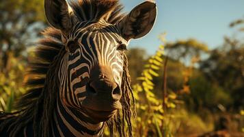 avvicinamento foto di un' zebra guardare qualunque direzione su giungla. generativo ai