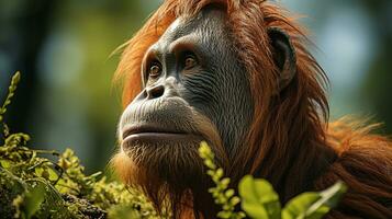 avvicinamento foto di un' orangutan guardare qualunque direzione su giungla. generativo ai