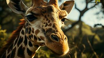 avvicinamento foto di un' giraffa guardare qualunque direzione su giungla. generativo ai