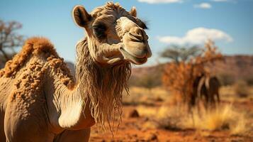 avvicinamento foto di un' cammello guardare qualunque direzione nel il deserto. generativo ai