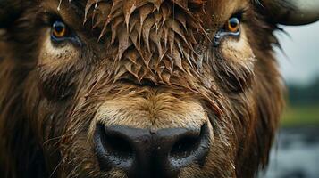 avvicinamento foto di un' bisonte guardare qualunque direzione. generativo ai