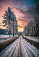 strada principale in direzione colorato Alba fra neve coperto alberi con epico latteo modo su il cielo. ai generato foto