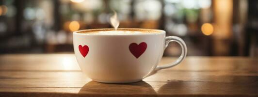 vicino su bianca caffè tazza con cuore forma latte macchiato arte su legna tab. ai generato foto