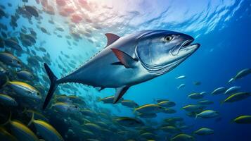 foto di pinna gialla tonno con vario pesce fra salutare corallo barriere nel il blu oceano. generativo ai