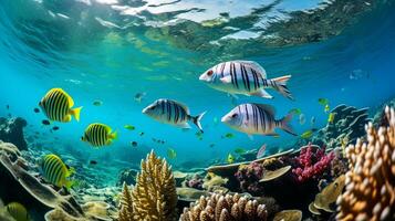 foto di zebrafish con vario pesce fra salutare corallo barriere nel il blu oceano. generativo ai