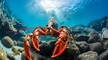 foto di aragosta con vario pesce fra salutare corallo barriere nel il blu oceano. generativo ai