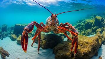 foto di aragosta con vario pesce fra salutare corallo barriere nel il blu oceano. generativo ai