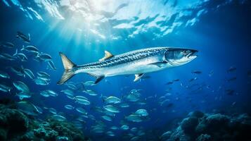 foto di Barracuda con vario pesce fra salutare corallo barriere nel il blu oceano. generativo ai