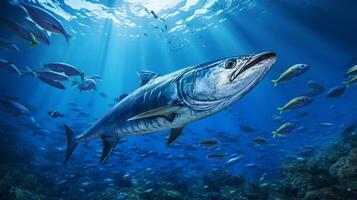 foto di Barracuda con vario pesce fra salutare corallo barriere nel il blu oceano. generativo ai