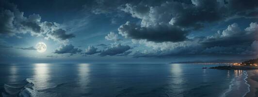 romantico e panoramico panorama con pieno Luna su mare per notte. ai generato foto