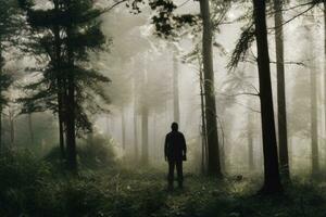 silhouette di solitario uomo nel foresta. ai generato foto