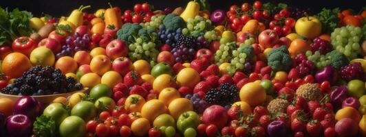 assortimento di fresco biologico frutta e verdure nel arcobaleno colori. ai generato foto