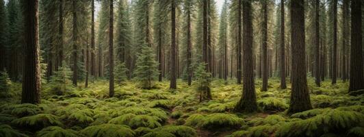 salutare verde alberi nel un' foresta di vecchio abete rosso, abete e pino. ai generato foto