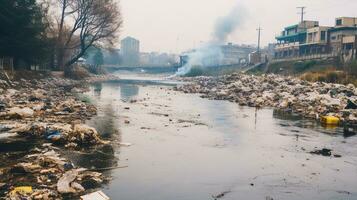 inquinata paesaggio con contaminati suolo. generativo ai foto