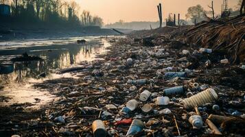 inquinata Riva del fiume con scartato industriale sciupare. generativo ai foto