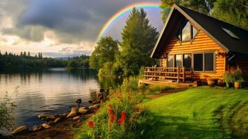 arcobaleno inquadratura un' in riva al lago cabina. generativo ai foto