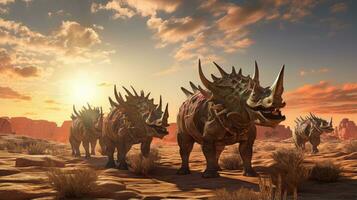 styracosaurus dinosauri nel deserto paesaggio. generativo ai foto