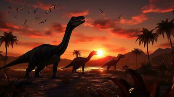 tramonto al di sopra di paesaggio con dinosauri. generativo ai foto