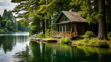 cabina su un' lago circondato di alberi. generativo ai foto