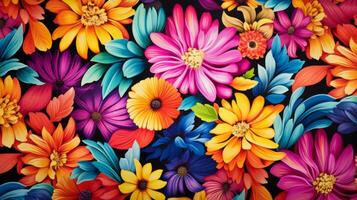 colorato fiori contro un' drammatico nero sfondo. generativo ai foto