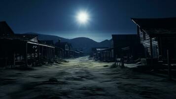 buio strada con un' pieno Luna nel il cielo. generativo ai foto