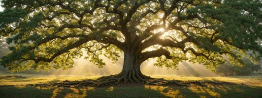 vecchio quercia albero fogliame nel mattina leggero con luce del sole. ai generato foto